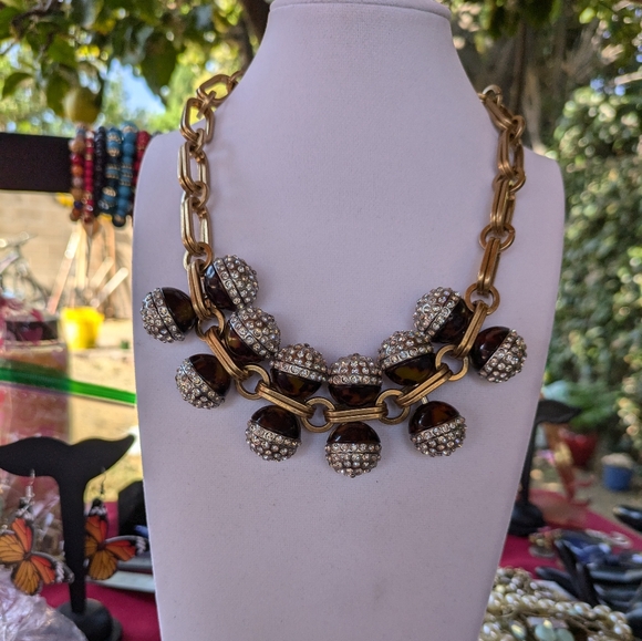 J. Crew Gold Tortoise Crystal Ball Charm Statement Necklace - Picture 3 of 9